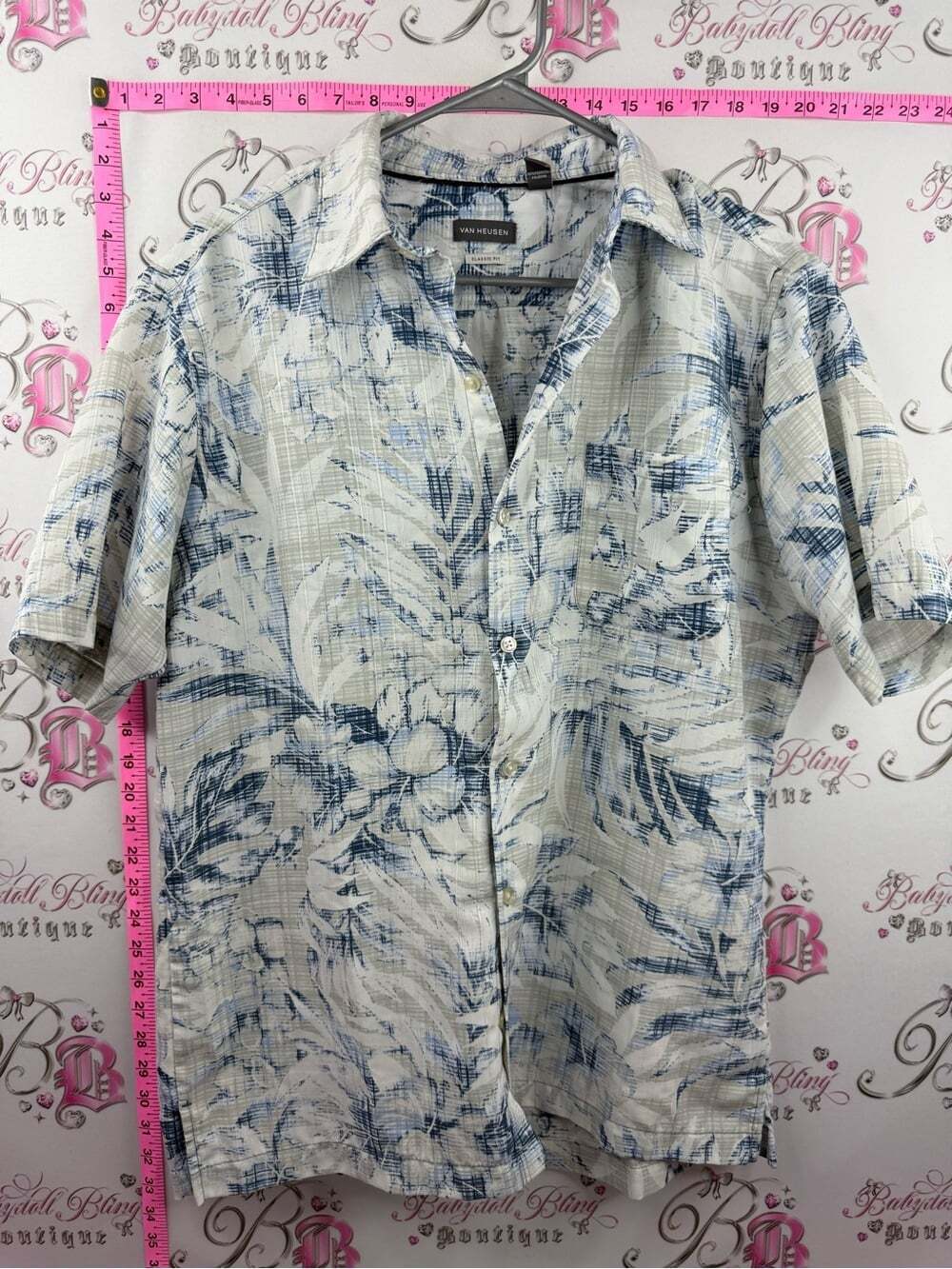 Van Heusen Cream and Blue Tropical Short-Sleeve Button-Up Shirt tiki